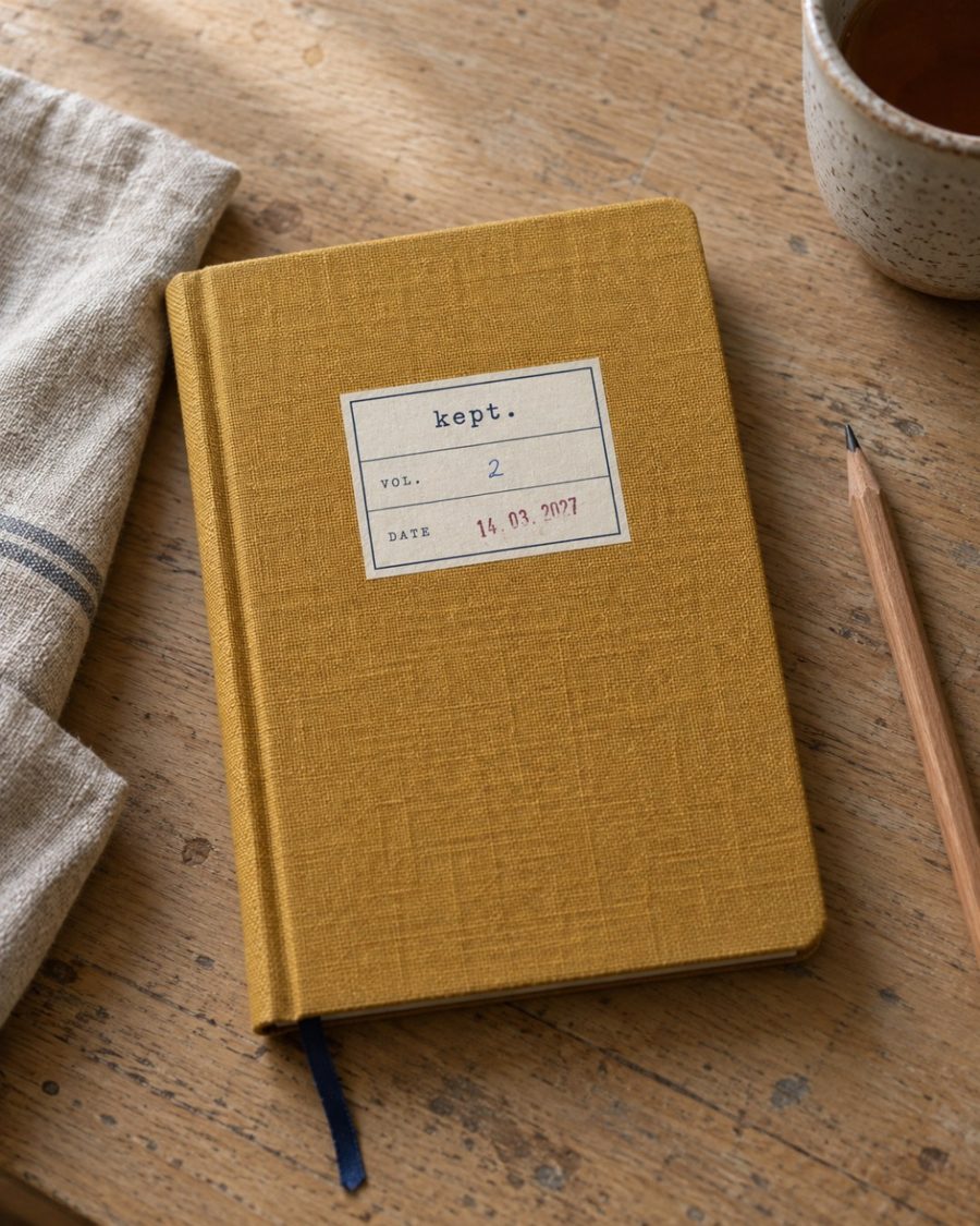 An ochre cloth-bound kept. notebook with a typed label reading Vol. 2 and a stamped date, on an oak table