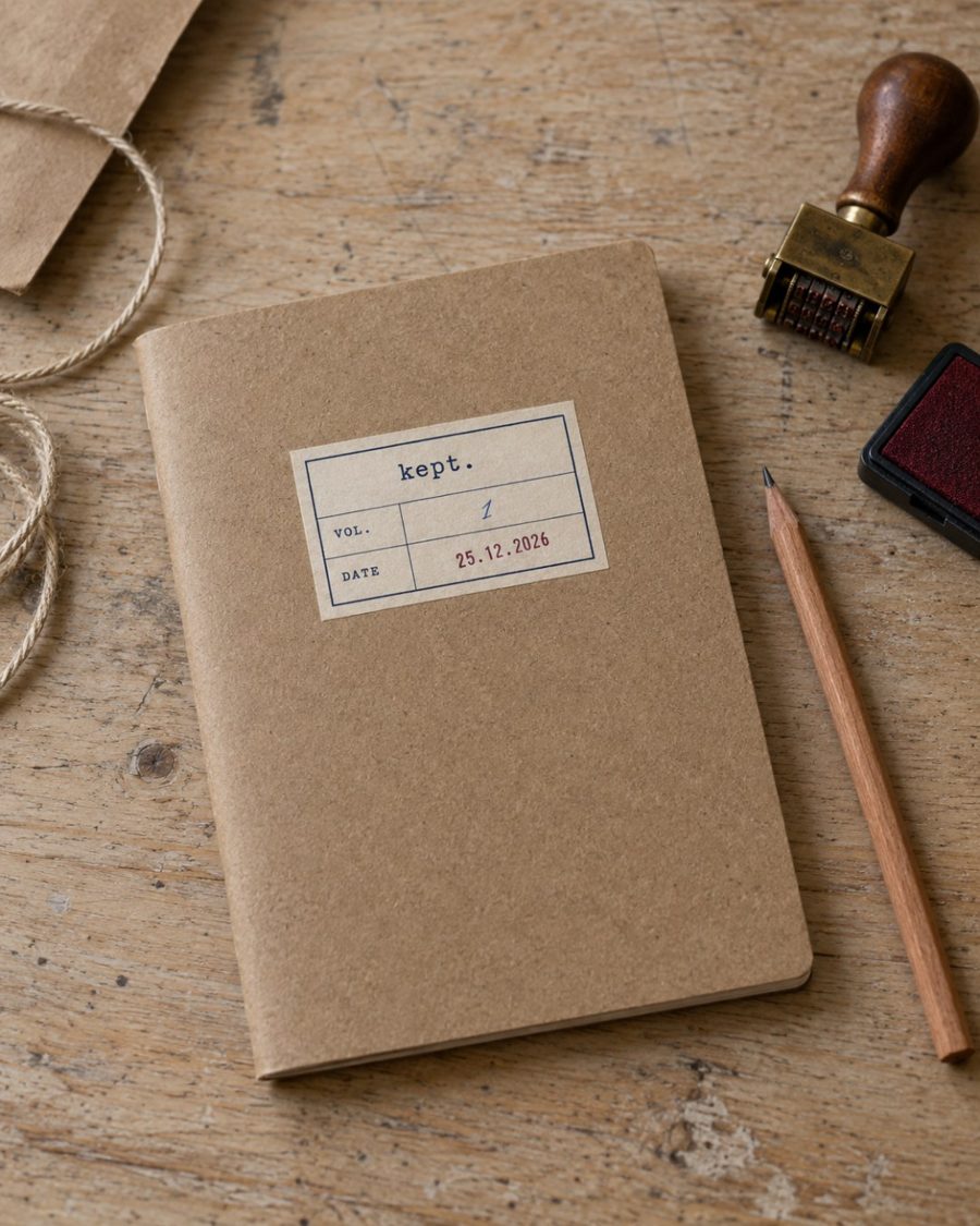 Kraft card exercise book with a cream label showing Vol. 1 and a stamped date